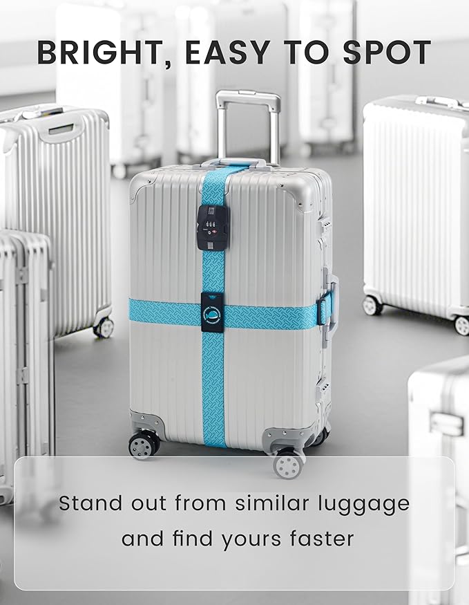 Travelkin Luggage Straps for suitcases TSA Approved,Adjustable Luggage Belts with Lock Fit 18-32 inch Suitcases(Lock Grain-Blue-TSA)