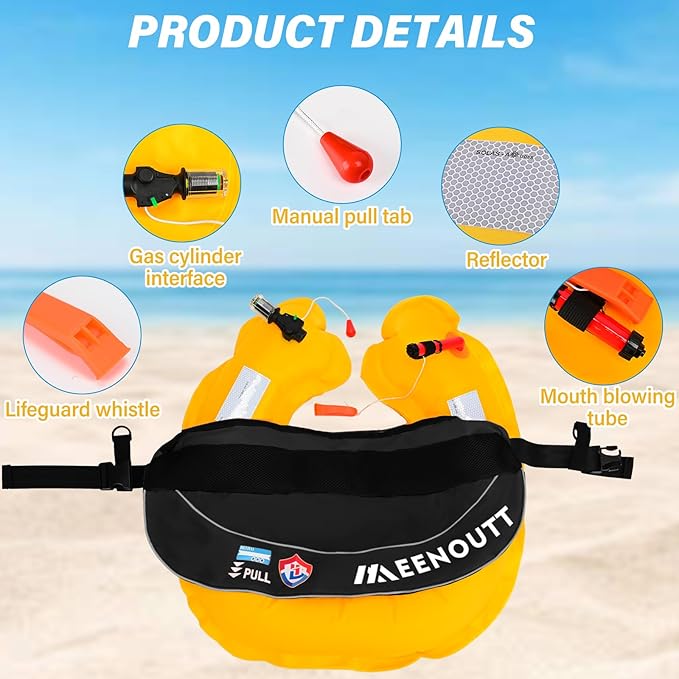 Automatic Inflatable Belt Pack Water Sports Jacket Waist Belt PFD for SUP Paddleboarding Fishing Boating Kayaking（fit 80-330 lbs） (Black)