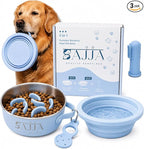 Blue Slow Feeder Travel Dog Bowl Set | 30oz Stainless Steel + 20oz Collapsible Silicone Dish | Water Bottle Holder| Non-Slip, Anti-Choking, BPA-Free | We Give Back