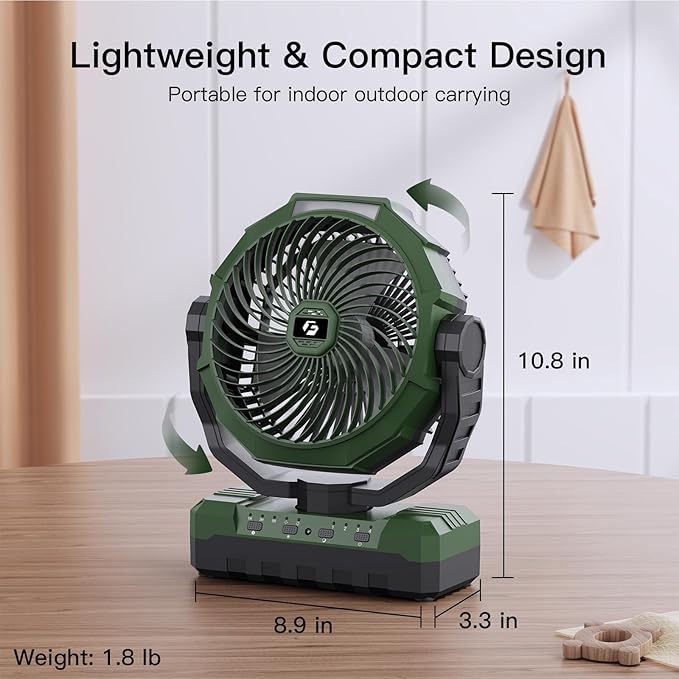 FRIZCOL 3-in-1 Camping Fan - Portable Fans Rechargeable - Detachable Battery Powered Fan with Light & Remote for Indoor, Outdoor, Tent, Travel, Fishing, Jobsite, Gifts for Men Dad Him - Green
