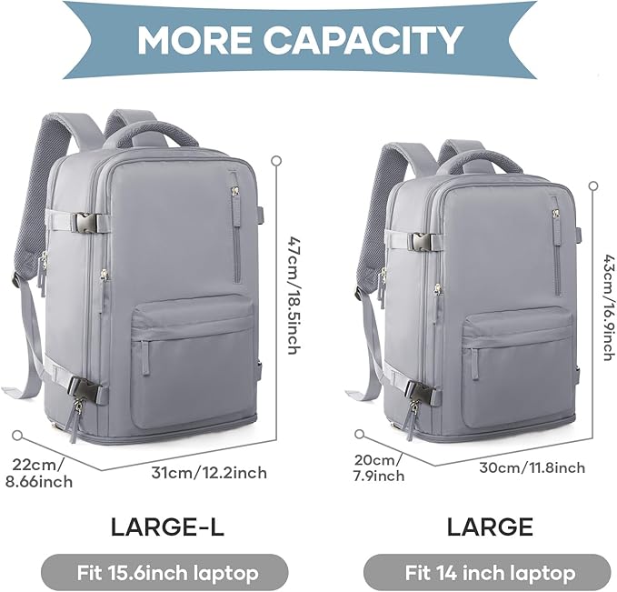 WONHOX Large Travel Backpack Women, Carry On Backpack,Hiking Backpack Waterproof Outdoor Sports Rucksack Casual Daypack with USB Charging Port Shoes Compartment, Grey