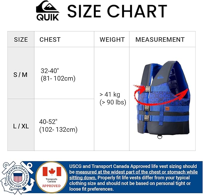 QUIKSILVER USCG Approved Men's Life Jacket Type III PFD, Lightweight EPE Foam Life Vest for Adults, for Waterskiing, Wakeboarding, Windsurfing, Rafting, Boating, Kayaking, Fishing Watersports