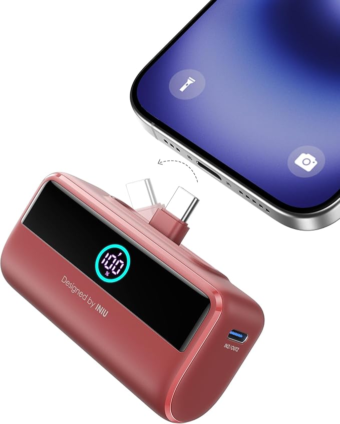 INIU Small Portable Charger, 5500mAh Power Bank with Build-in USB-C Connector, 22.5W PD Fast Charging Battery Pack, Family Trip Essential Phone Charger for iPhone 16 15, Fit for College Students, Red