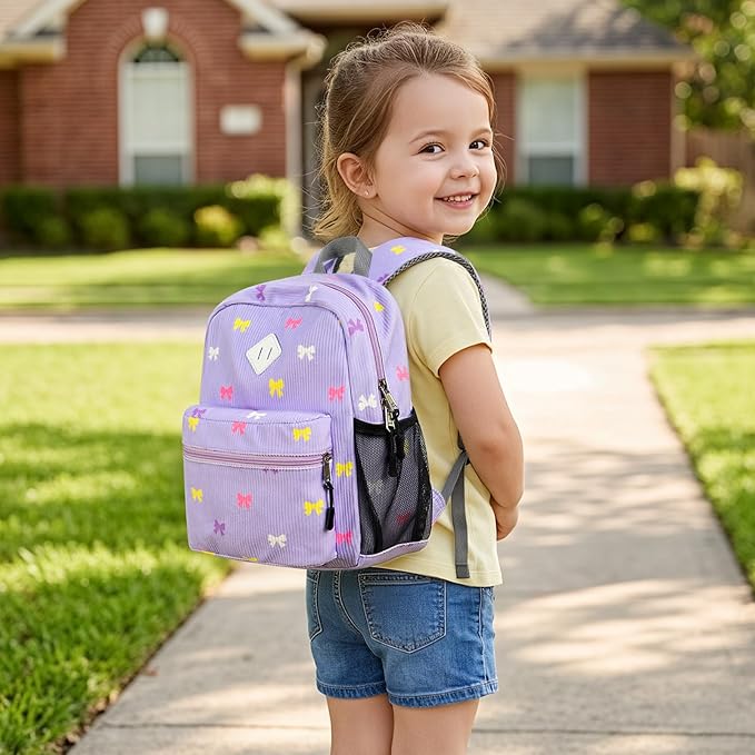 STEAMEDBUN Corduroy Toddler Backpack for Girls 2-4, Kids Preschool Backpack for Kindergarten - Purple Bow