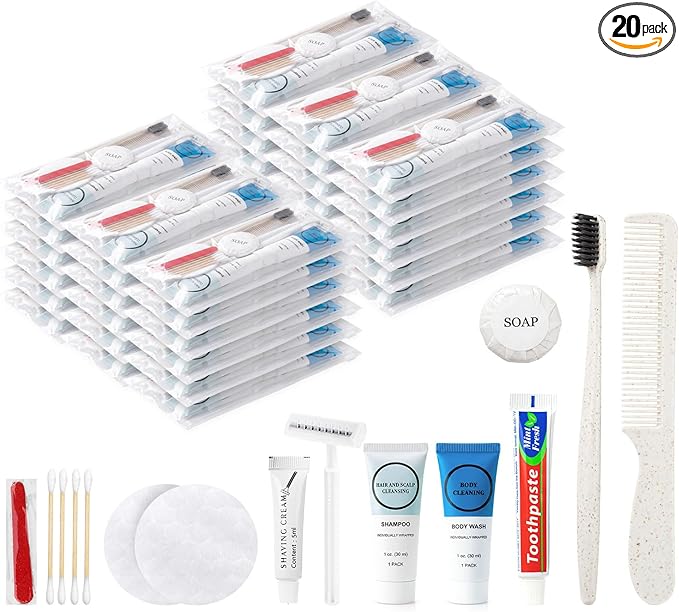 20 Kits Travel Toiletry Kit Bulk, 9-in-1 Disposable Personal Hygiene Kit, Basic Toiletry Kits for Men Women, Homeless Care Supplies Charity Kit for Guest, Hotel, Camping, Travel, Donation