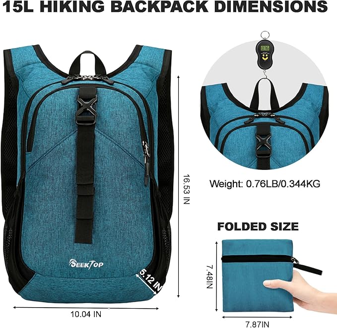 Seektop 15L Small Hiking Backpack for Women Men, Lightweight Hiking Packable Daypack with Phone Pocket for Travel Camping (Teal Blue, 15L)