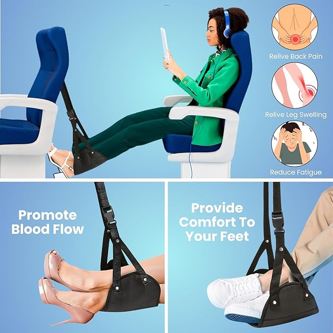 Foot Hammock for Plane or Travel Pillow - Airplane Foot Hammock and Plane Foot Rest - Ultimate Travel Accessories with Sleep Mask and Ear Plugs (Couples/Long Haul Kit (2 Hammocks + Mask + Plugs))