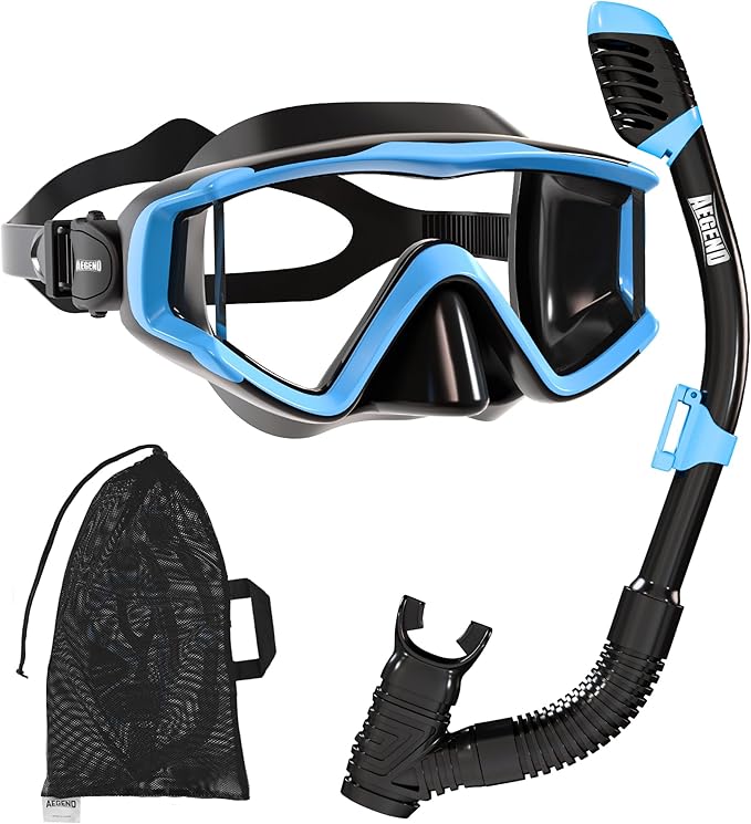 Aegend Snorkeling Gear for Adults Youth Kids, Snorkel Mask with Top Dry Valve - Panoramic View Anti-Leak and Anti-Fog with Mesh Bag for Snorkeling, Scuba Diving, Freediving & Swimming