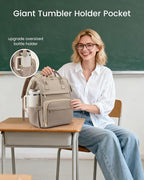 LOVEVOOK Laptop Backpack for Women with Giant Tumbler Holder Pocket,15.6 inch Waterproof Travel Backpack Purse Computer Laptop Bag,Large Professional Work College Nurse Teacher Backpack,Beige Apricot