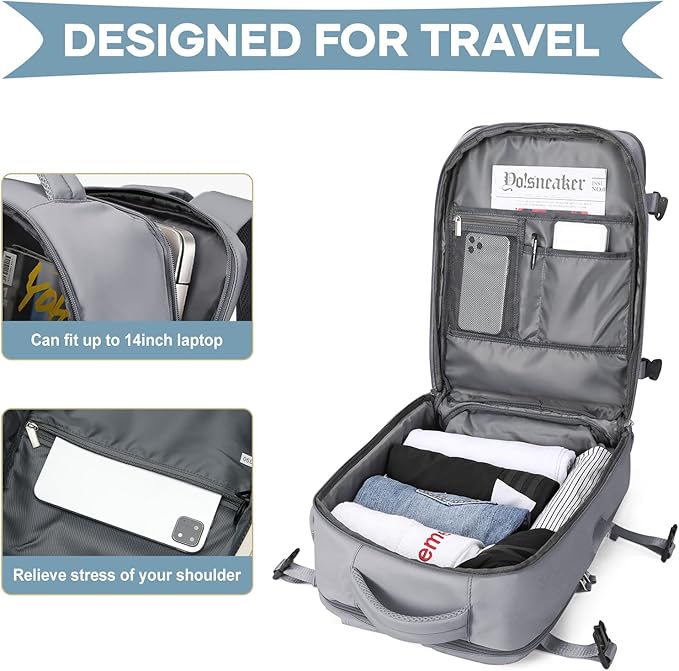WONHOX Large Travel Backpack Women, Carry On Backpack,Hiking Backpack Waterproof Outdoor Sports Rucksack Casual Daypack with USB Charging Port Shoes Compartment, Grey