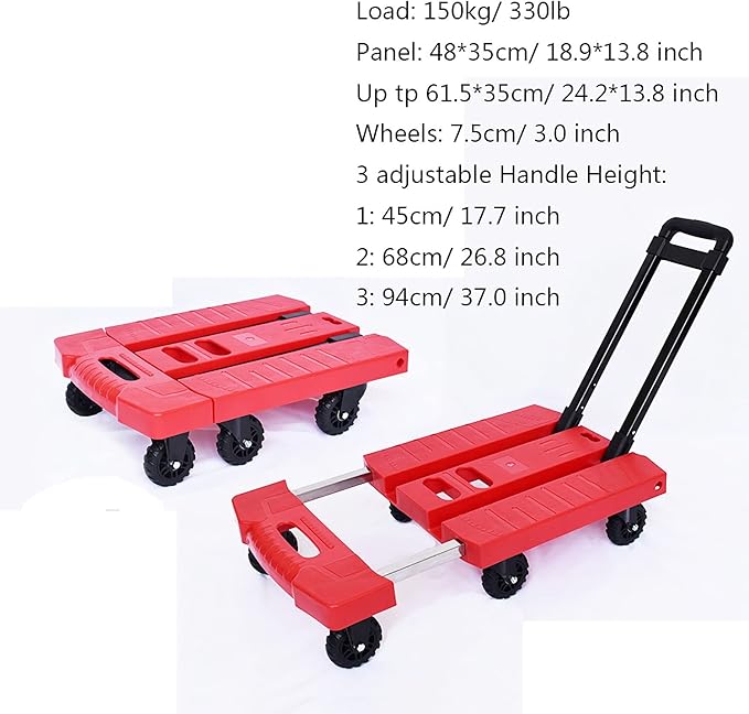 Heavy Duty Folding Flatbed Hand Truck - 6 Wheels Trolley Cart with Expandable Handle 330lbs Capacity for Home Office Travel & Moving (Red)