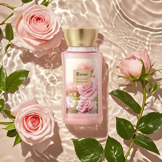 Rose Bath and Body Gift Set for Mom, 4-Piece Set Collection, Shower Gel, Body Lotion, Body Mist, Exfoliating Scrub, Personal Portable Body Care Travel Set, Gift for Mom, Wife, or Grandma