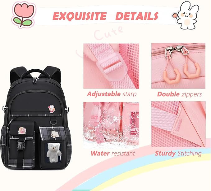 PRLINJSK Girls Backpack，Cute School Backpack for Girls Kids Teens，Kawaii Bookbag for Primary Elementary，Black