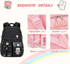 PRLINJSK Girls Backpack，Cute School Backpack for Girls Kids Teens，Kawaii Bookbag for Primary Elementary，Black