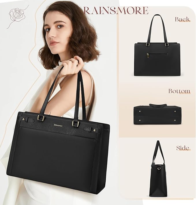 RAINSMORE Laptop Bag for Women 15.6 Inch PU Vegan Leather Work Tote Bag Waterproof Womens Briefcase Designer Computer Bags for Office Teacher College Travel Large Tote Purse Professional Black
