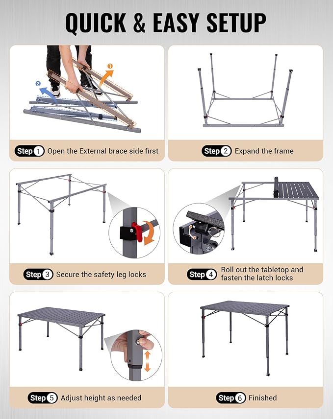 KingCamp Folding Camping Table Foldable Loads 265 Lbs, 42.1"× 27.6" Portable Table 3 Adjustable Height Aluminum Roll Up Camp Table with Carry Bag for Camping Picnic BBQ Backyard, Indoor & Outdoor