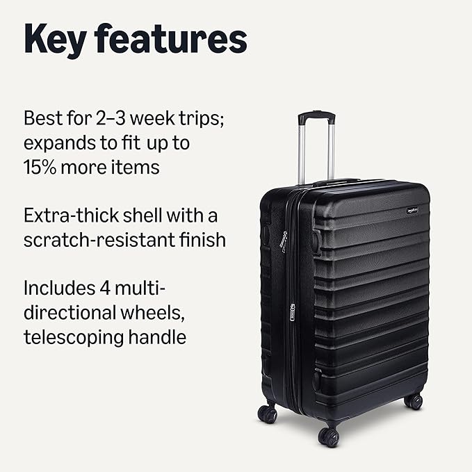Amazon Basics 30" Hardside Large Checked Luggage, Hardshell Suitcase With Four Multi-directional Wheels, Expandable For Up to 15% More Space, Scratch-Resistant Shell, Black