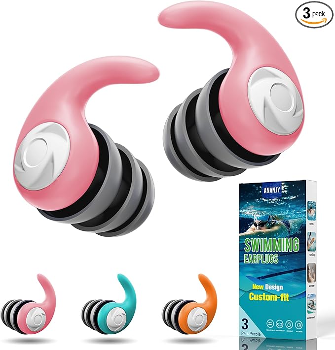 Waterproof Swimming Ear Plugs for Adults - 3 Pairs of Reusable Soft Silicone Swim Earplugs,Perfect for Surfing, Diving,Pool,Showering and Other Water Sports - Keep Water Out and Ear Protection