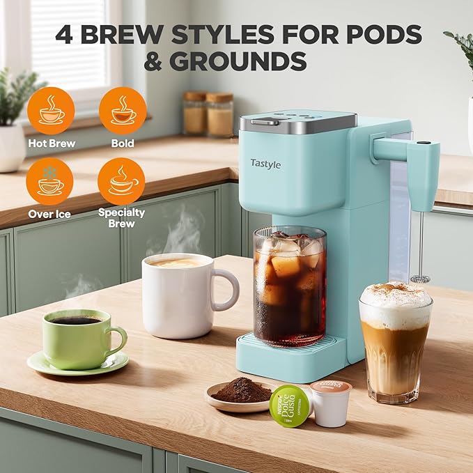 Tastyle Single Serve Coffee Maker with Built-in Detachable Milk Frother, Iced and Hot Coffee Machine for K Cup & Grounds, 40oz Removable Water Reservoir, 6 Cup Sizes, Fits 7.3" Travel Mug, Teal