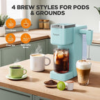 Tastyle Single Serve Coffee Maker with Built-in Detachable Milk Frother, Iced and Hot Coffee Machine for K Cup & Grounds, 40oz Removable Water Reservoir, 6 Cup Sizes, Fits 7.3" Travel Mug, Teal