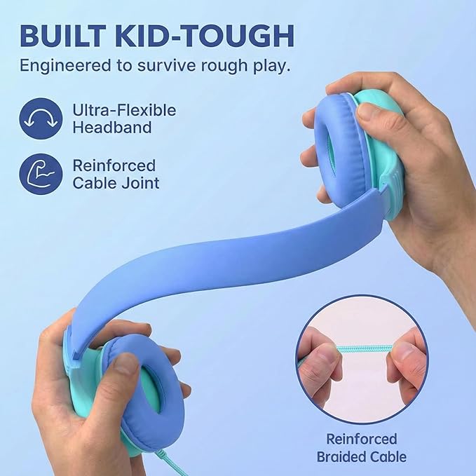 ADOOPE Wired Kids Headphones with USB C Plug, 85dB Safe Volume, Adjustable Headband, Tangle-Free Cord Headphones for School, Tablet, Travel (Sky Blue & Mint Green, Without Microphone)