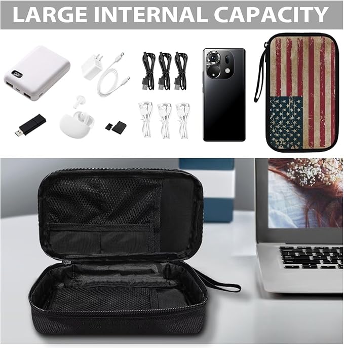Vintage USA Flag Print Large Electronics Organizer - Travel Case, Cord Organizer, Accessories for Women