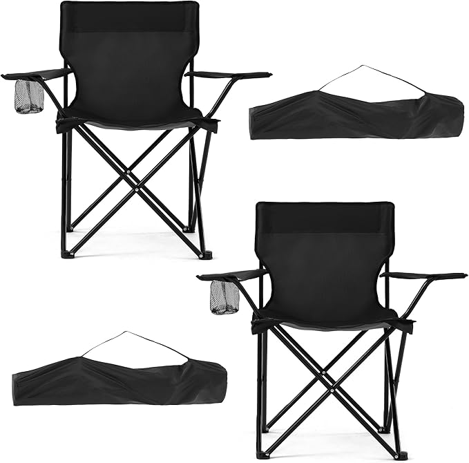 2 Pack Lightweight Folding Camping Chairs, Outdoor Lawn Beach Chair with Cup Holder & Carry Bag for Travel, Fishing, Picnic, Backyard, Hiking (Black, Medium)