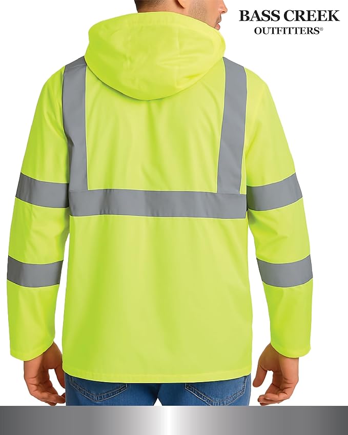 Bass Creek Outfitters Mens Rain Jacket - Waterproof Hooded High Visibility Safety Coat with Reflective Strips