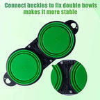 SLSON Collapsible Dog Dual Bowls Reinforced Rim 180 Degrees Flip Over Foldable Double Bowl with Lock Clips More Stable Dog Travel Bowls Pet Food Water Feeder (Green)