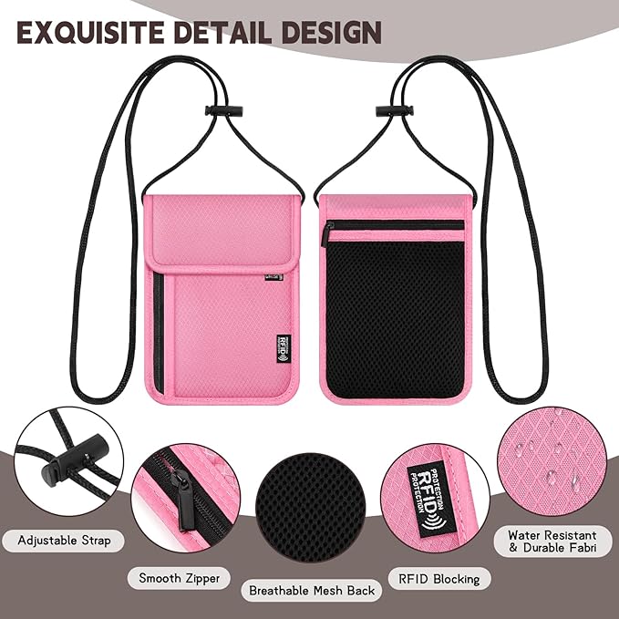 Likesing 5.5" L x 7.9" W Travel Neck Wallet, RFID Blocking Passport Holder for Travel Women Men, Security Lightweight Travel Wallet, Neck Passport Pouch Gifts for Traveling(Pink)