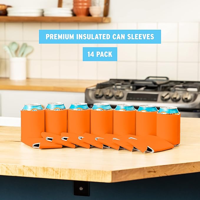Blank Beer Can Coolers Sleeves (14-Pack) Soft Insulated Beer Can Cooler Sleeves - HTV Friendly Plain Can Sleeves for Beer Cans & Bottles - Blanks for Vinyl Projects Wedding Favors & Gifts (Orange)