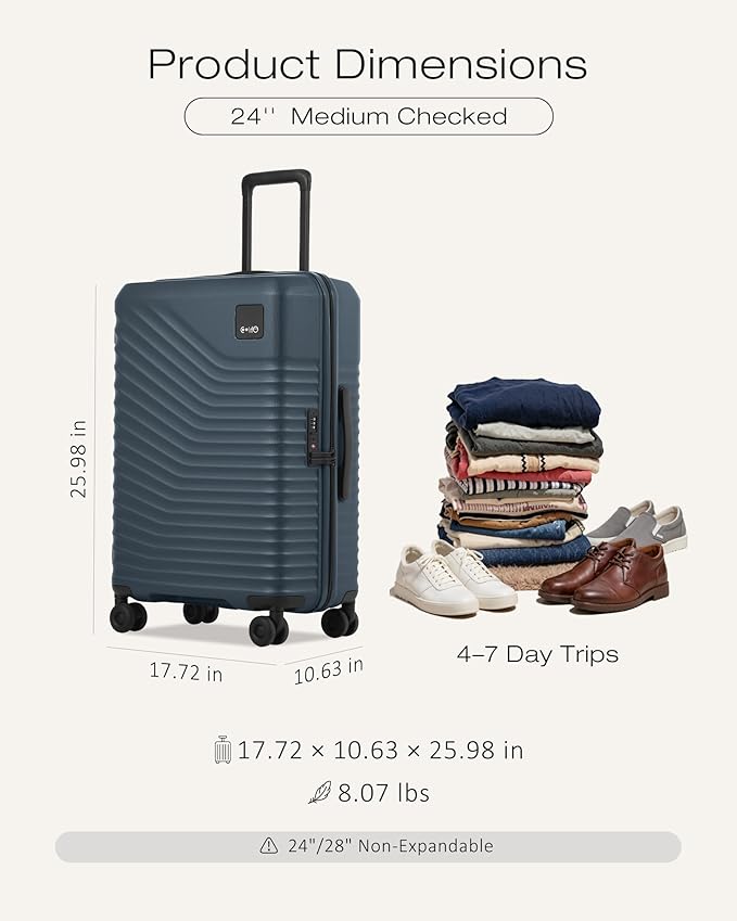 Coolife Hardside Luggage Upgrade Durable PC Lightweight Travel Suitcases with Dual Spinner Wheels & TSA Lock (Navy, Checked-Medium 24-Inch)