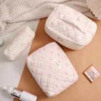 uekeboag Large Travel Quilted Makeup Bag for Women, Floral Cotton Cosmetic Bag, Coquette Aesthetic Floral Toiletry Organizer Bag