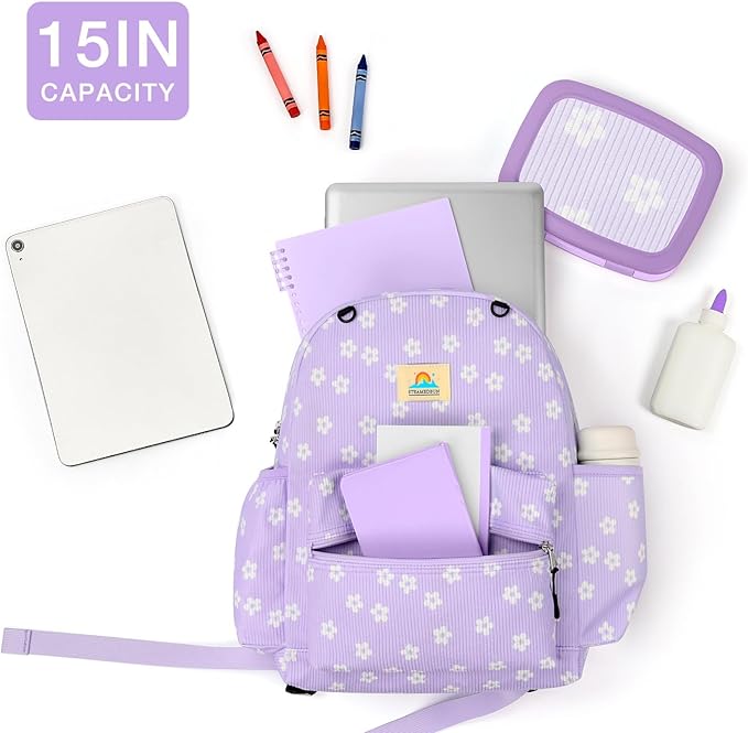 STEAMEDBUN Corduroy Kids Backpack for Girls and Boys 5-8: Girls Backpack for Elementary Kindergarten - 15 inch Cute Backpacks for Kids - Floral