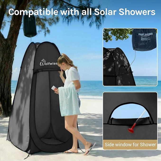 Wolfwise Pop Up Shower Tent for Camping, Portable Instant Changing Tent with Ventilation Window & Carry Bag, Privacy Bathroom Toilet for Beach & Outdoor, Standard, Dark Black