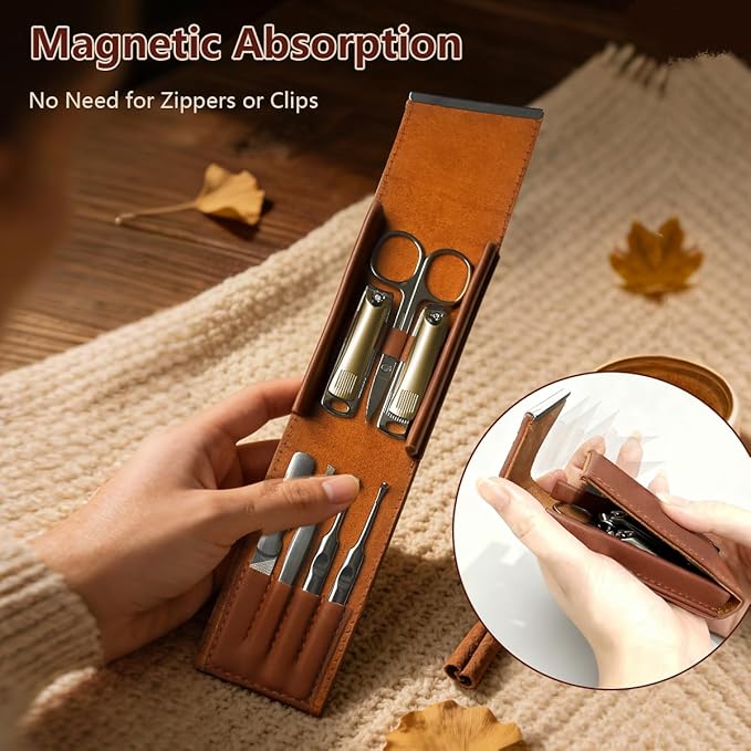 Nail Clippers Set 7 Pcs, Stainless Steel Toenail & Fingernail Clipper Set, Portable Travel Mens Nail Cutter, Manicure Grooming Kit for Men, Women, Gift Ideas (Brown)