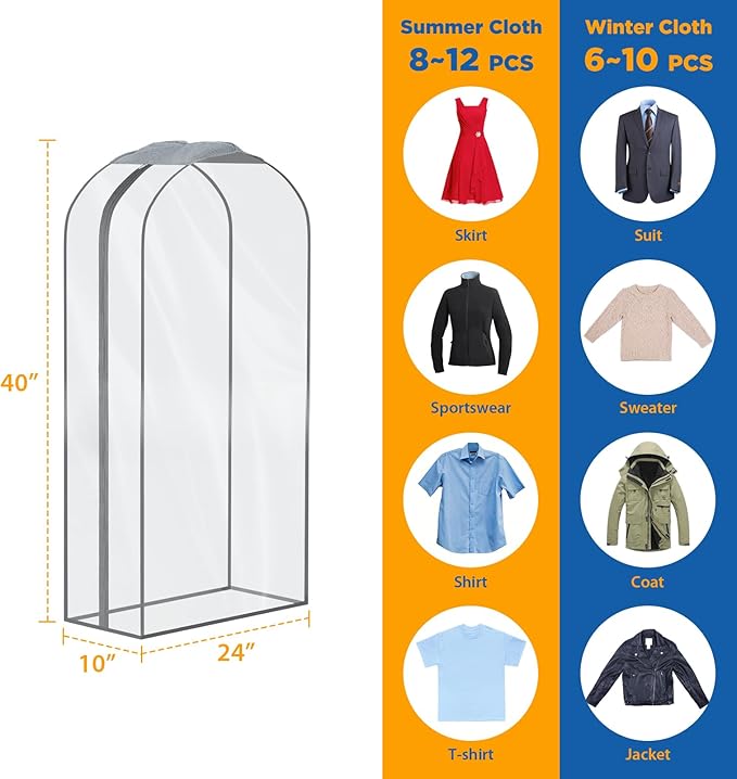 Zilink Breathable Garment Bags for Fur Coat 43” Suit Bags for Closet Storage Clear Leather Jacket Covers for Hanging Clothes with 10" Gussted Wrinkle Free for Leather Jacket, Fur Coat, Dress, Set of 4