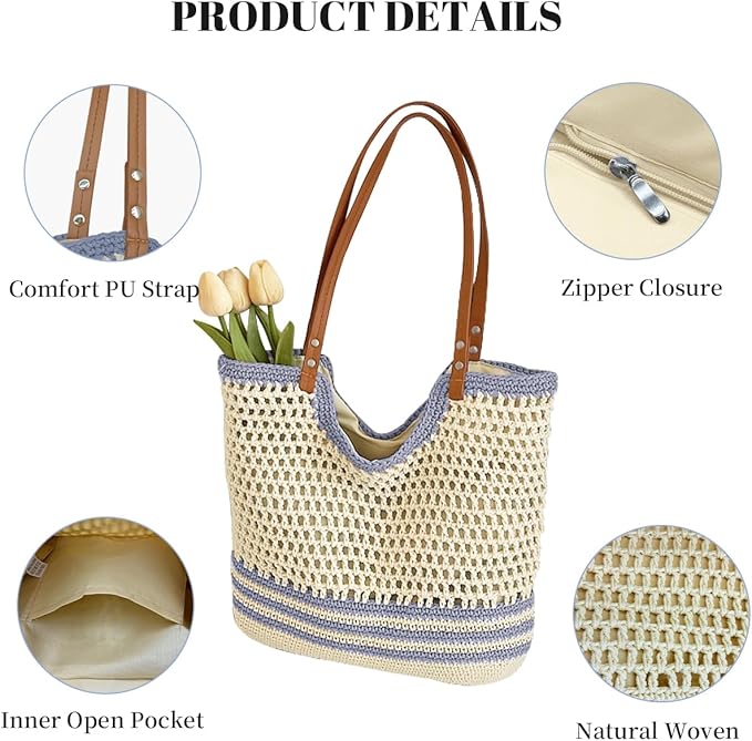 Crochet Beach Bag Summer Woven Tote Bag Crochet Purse for Women handbags Boho Shoulder Bags for Travel Vacation