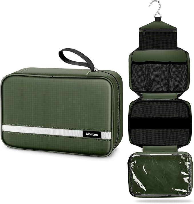 Maliton Toiletry Bag for Men & Women Travel Toiletry Bag Hanging Toiletry Bag Hygiene Organizer with 4 Compartments Waterproof Bathroom Shower Bag Large Toiletries Travel Bag (Olive Green)