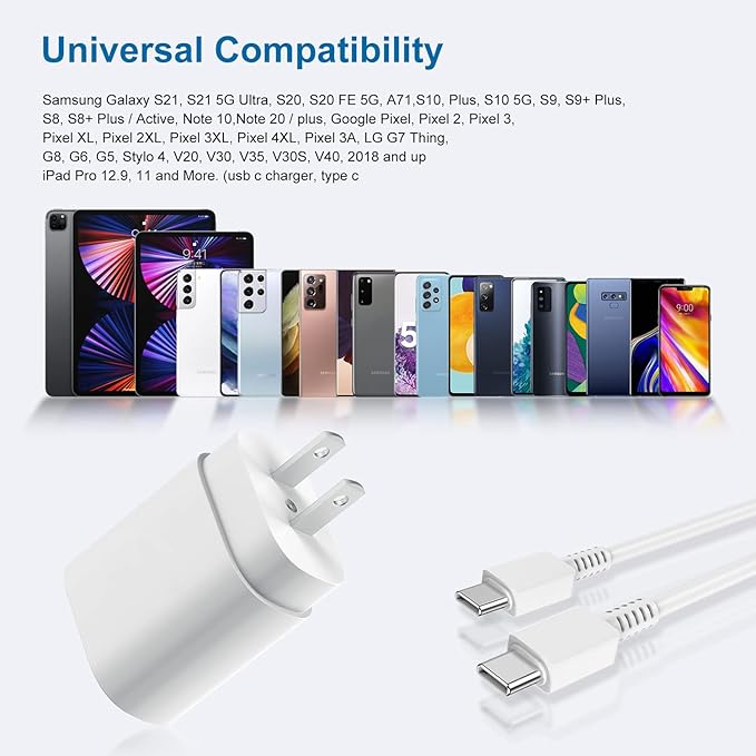 Type C Charger, 2 Pack 25W PD USB C Wall Charger Super Fast Charging Block & 6ft Android Phone Charger Cable for Samsung Galaxy S23 S22 S21 S20 Plus Ultra, Note 20 10 9 8/ S10 S9 S8 Pixel 6 5 4 Pro XL