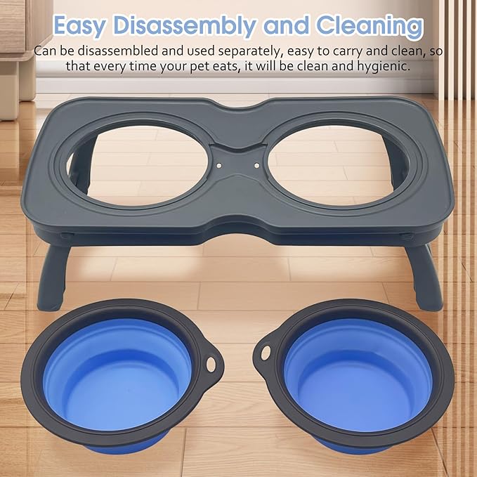 PINVNBY Elevated Portable Dog Bowl, Travel Raised Stand with Collapsible Silicone Double Diner Bowls Non-Slip Food and Water Bowls Holder for Small Dogs and Cats - 14.6" L x 7.5" W x 3.9" H