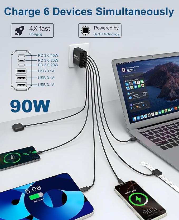 90W GaN USB C Charger Block [2 Pack],6-Port USB C Wall Charger Fast Charging 45W PD Power Adapter for MacBook Air/iPad Pro/iPhone 17Pro Max/Samsung Galaxy S24 Ultra/Tabs for Home Travel
