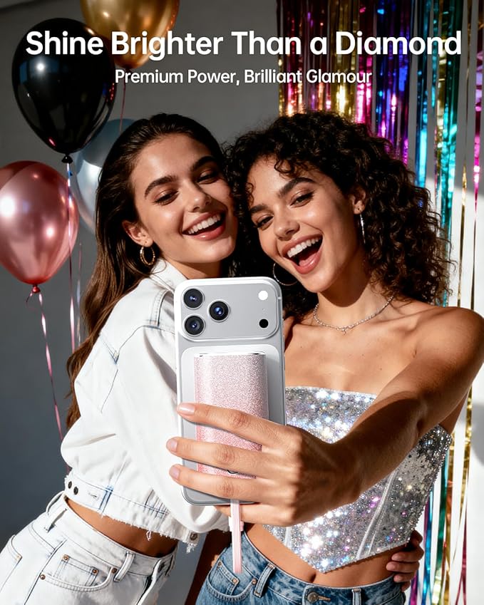iWALK Sparkly 10000mAh Portable Charger, 22.5W Fast Charging Small Power Bank with Built-in USB-C Cable, Diamond Glitter Ultra-Compact Battery for iPhone 17/17 Pro/16/16 Pro/15, Samsung,ShinyPink