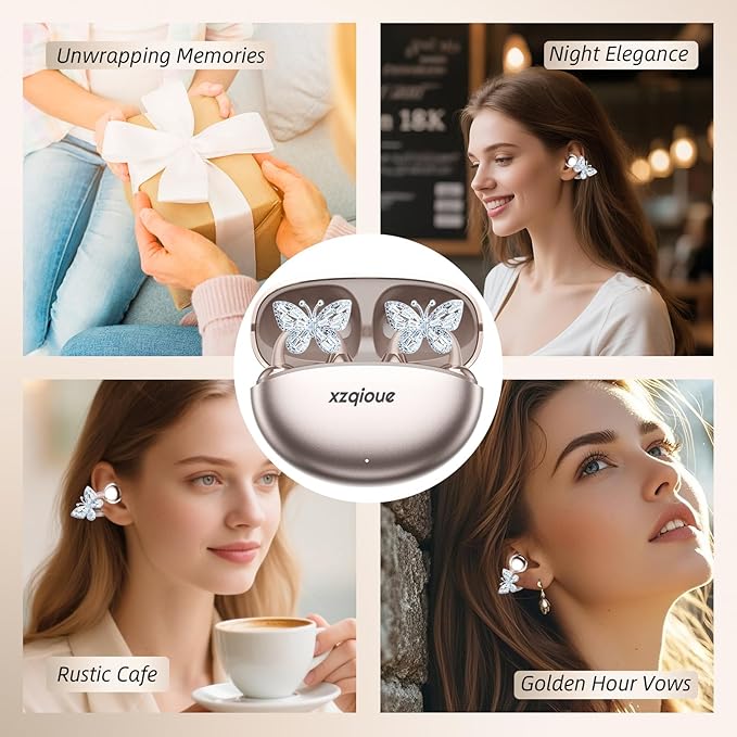 Jewelry-Inspired Clip On Earbuds,Comfortable Fit Open Ear Clip-On Headphones,Wireless Bluetooth Ear Cuff Headphones for Women,Earrings Earbuds for Running,Office,Sport&Gift (Butterfly - Rose Gold)