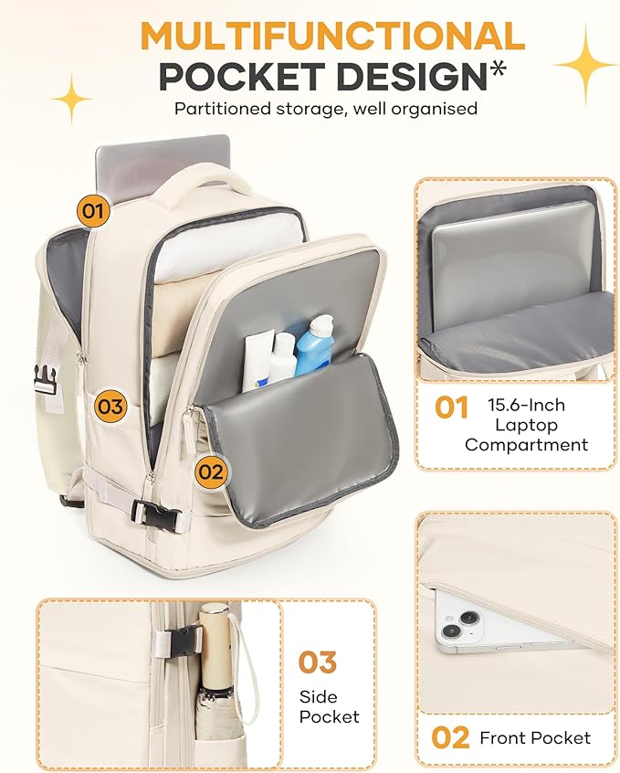 coofay Beige Travel Backpack For Women Men Airline Approved Personal Item Carry On Flight Approved Waterproof Backpack For Traveling On Airplane Weekender Travel Bag
