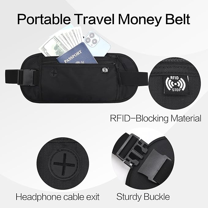 TRAVELSAFE Slim RFID Blocking Money Belt for Travel - Anti-Theft Hidden Passport Holder Waist Wallet with Secure Pouch for Cash, Credit Cards & Phone Safe (B-Black)