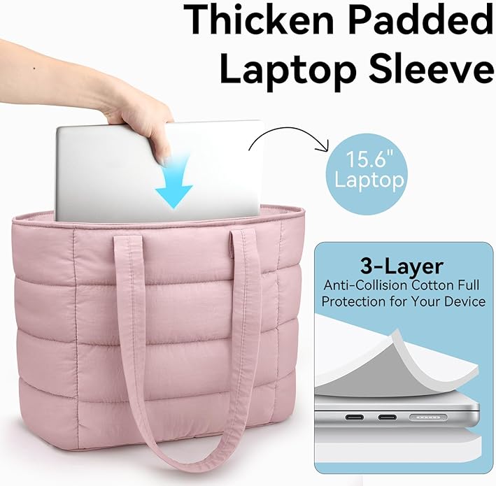 Puffer Tote Bag with Pouch,Women's Lightweight Quilted Shoulder Bag,15.6"/17.3" Laptop Travel Weekender for Work & Nurses