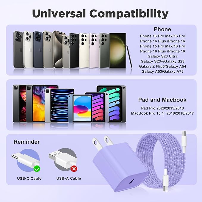 20W USB C Fast Charging for iPhone 17 Air/16/15 Pro Max,3Pack Colorful Mixed Charger Block with Braided Long USB C to C Cables (6/6/10ft) Compatible with iPhone16/15 Pro/15 Plus/iPad Pro