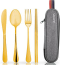 Travel Utensils with Case, Quatish Portable Silverware Set for Work, Stainless Steel Reusable Travel Cutlery, Fork and Spoon Set for Camping, Picnic, Gadgets, Lunch Box for Men, Christmas Gift, Gold
