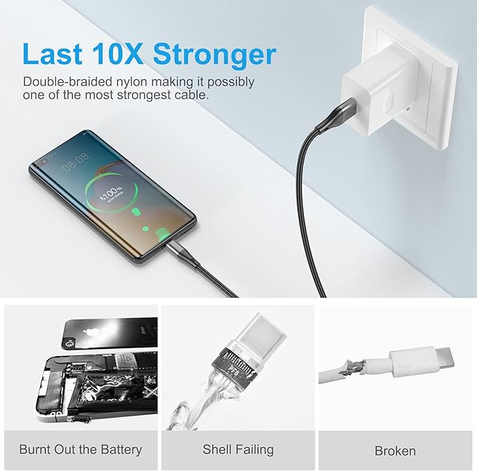 USB to USB C Cable,3Pack 6ft Premium Nylon Braided Fast Charging,3A Rapid Charger Cord,Type C to A Cable Compatible with Samsung Galaxy S22 S21 S20 S10 S9 S8 Plus,Note 20 10 9 8,LG V50 V40